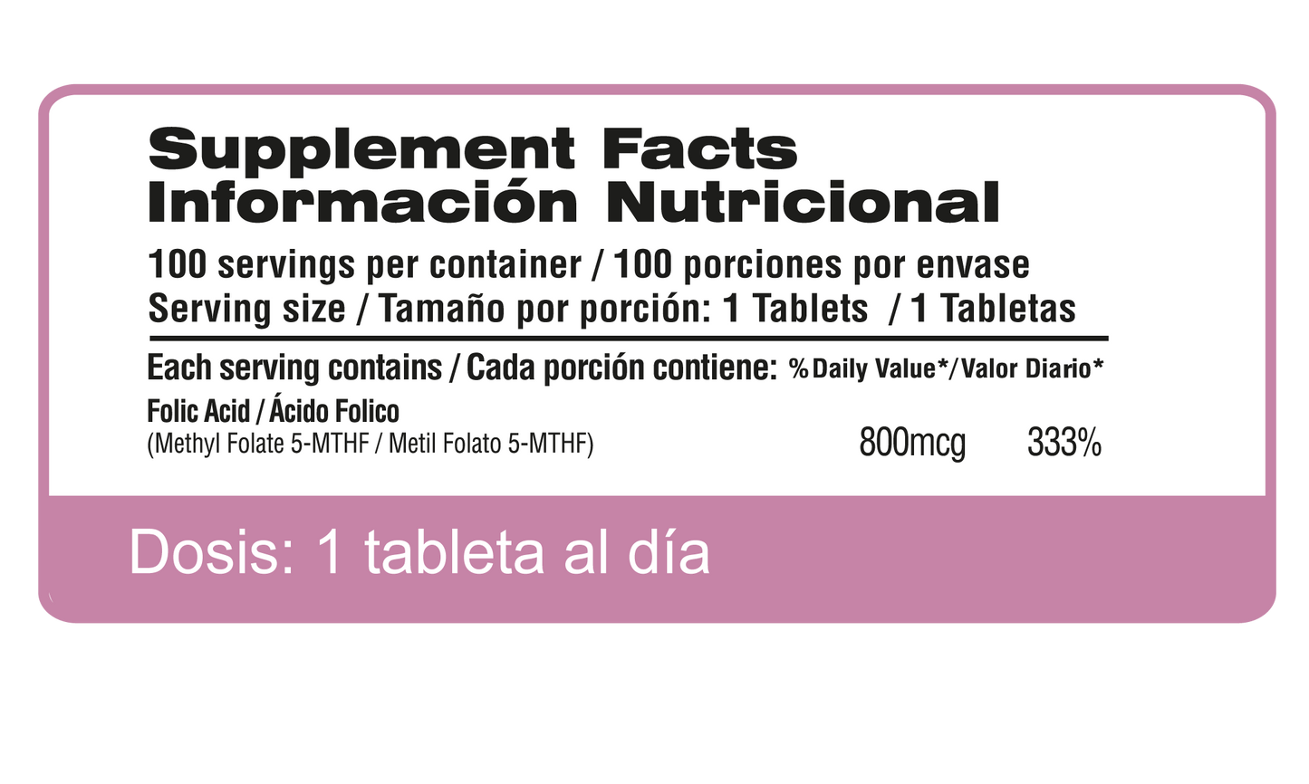 Ácido Fólico 800 mcg (Vitamina B9) - 100 Tabletas | Qualivits