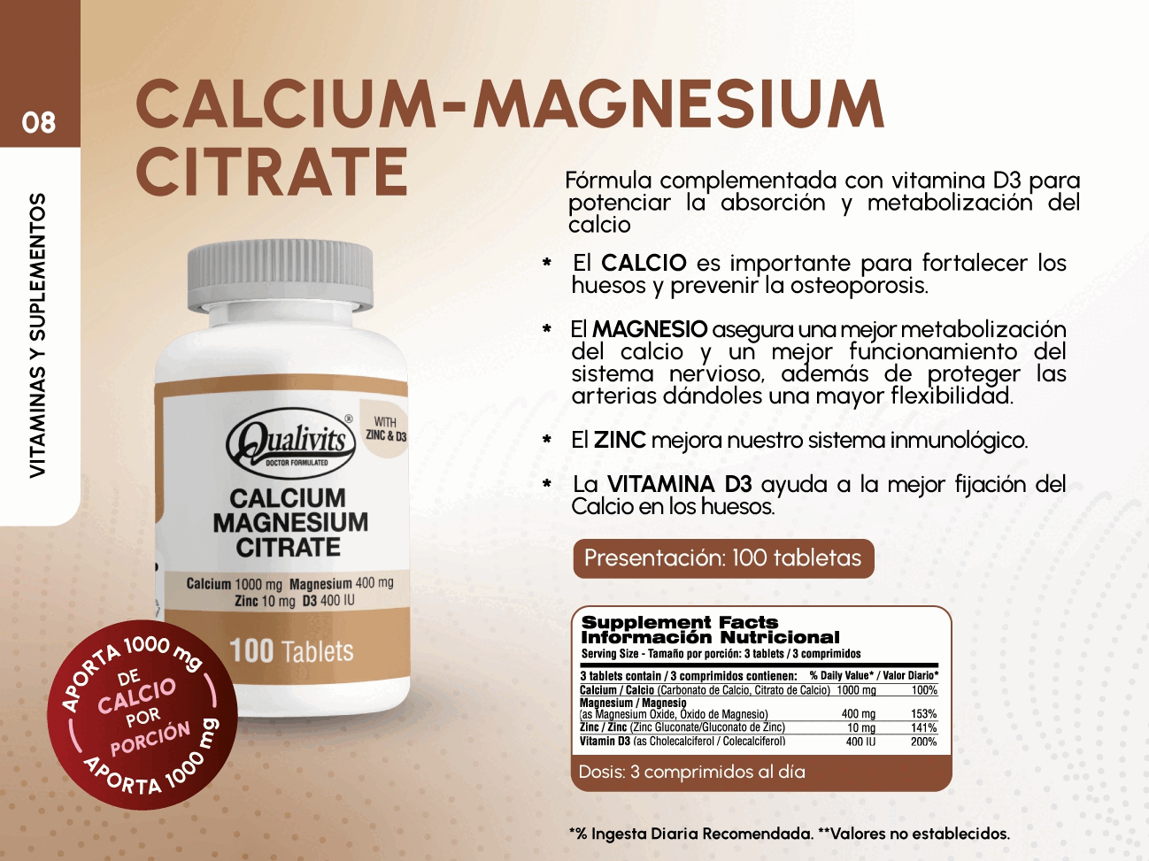 Calcio, Magnesio, Zinc, Vitamina D3 x 100 Tabs | Qualivits