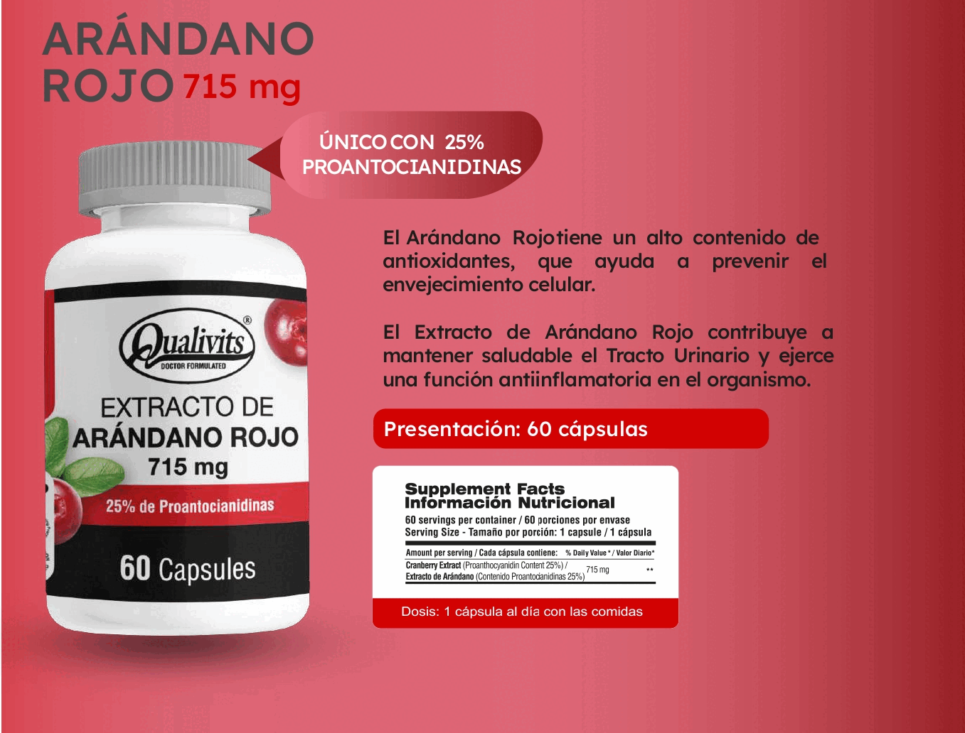 Extracto de Arándano Rojo 715 mg x 60 Cápsulas | Qualivits