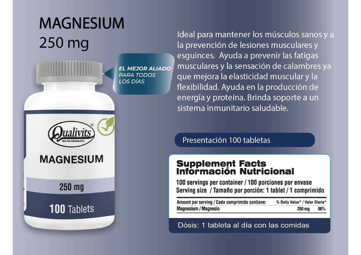 Magnesio 250 mg x100 Tabletas | Qualivits