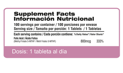 Ácido Fólico 800 mcg (Vitamina B9) - 100 Tabletas | Qualivits