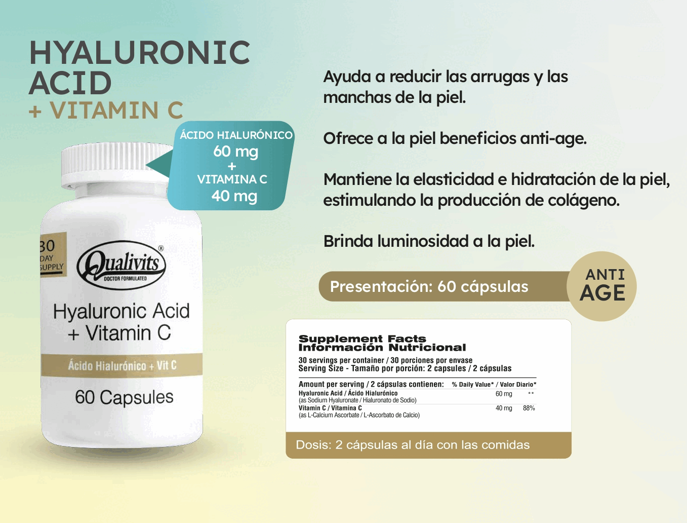 Ácido Hialurónico + Vitamina C x 60 Cápsulas | Qualivits