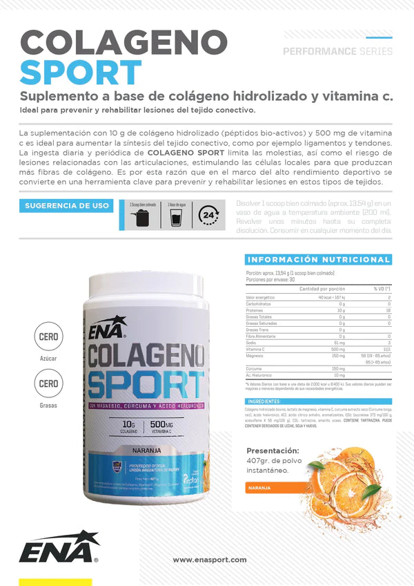 Colágeno ENA Sport 407 Grs + Vitamina C, Magnesio, Cúrcuma y Ácido Hialurónico