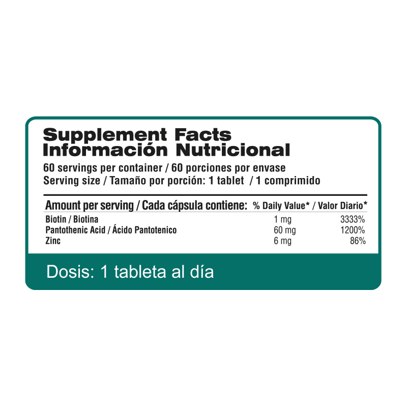 Biotina + Vitamina B5 + L-Cisteína + Zinc - 60 Tabletas | Qualivits