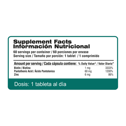 Biotina + Vitamina B5 + L-Cisteína + Zinc - 60 Tabletas | Qualivits